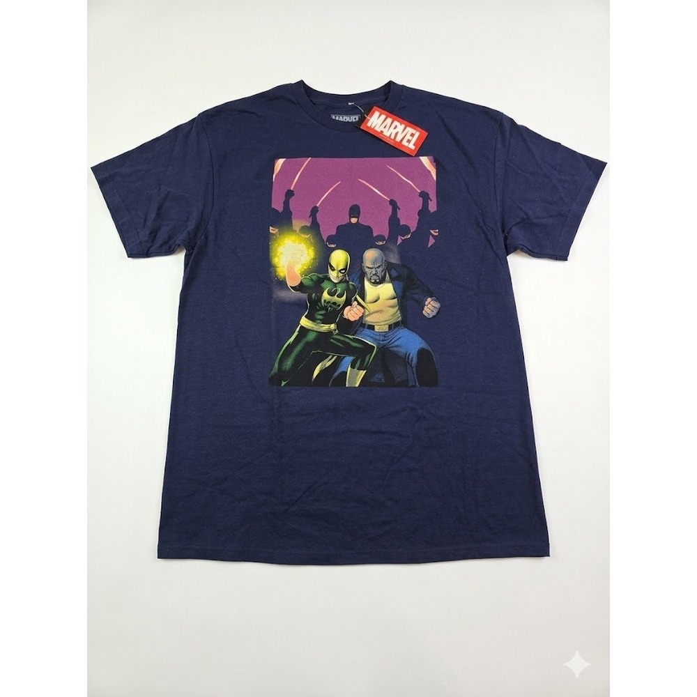Marvel Iron Fist Luke Cage Heroes For Hire Navy Blue Graphic T-Shirt Large